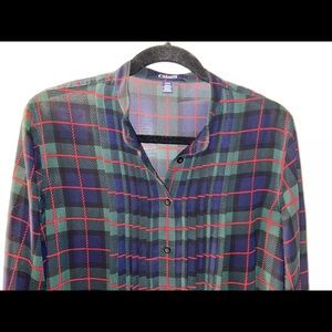 chaps Size M top Green Navy Red Pleated Bib Classic Print Tunic Holiday? Blouse